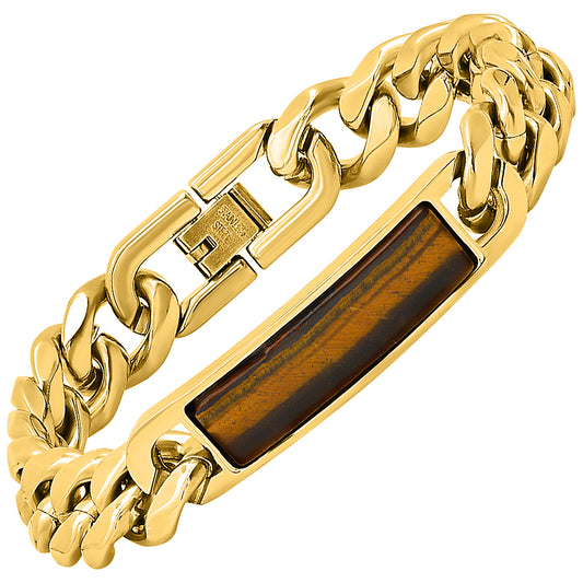 ROBUST Mens 18k Gold IP Stainless Steel Cuban chain and Tiger Eye ID bracelet
