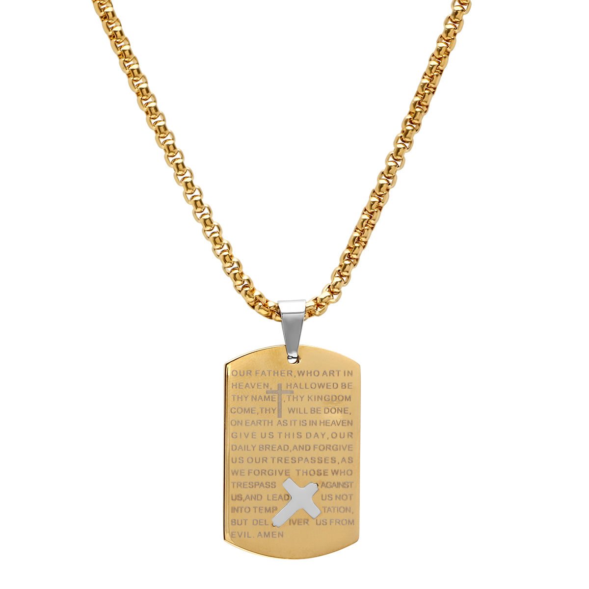 ROBUST Mens 18k Gold IP Stainless Steel Our Father Prayer Dog Tag Pendant  Necklace with 20 inch Round Box Chain