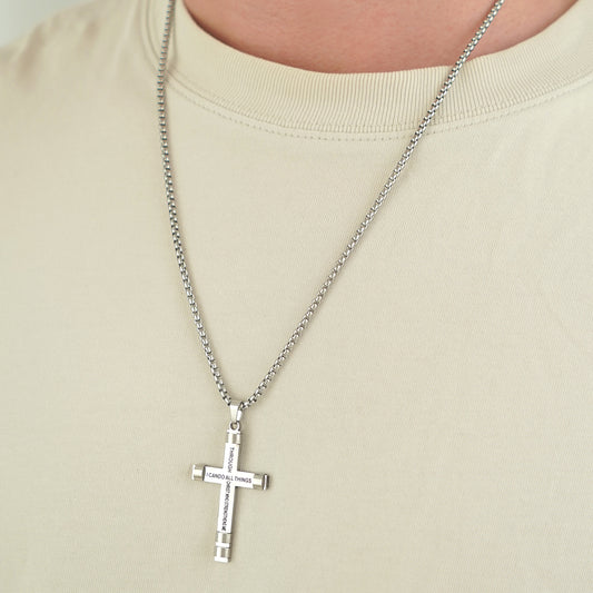 " I can do all things through Christ who strengthens me" Cross Necklace in Surgical water resistant Stainless Steel 24 inch