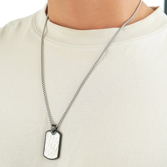 Mens Hammered Dog Tag Pendant Necklace in Stainless Steel 24 inch
