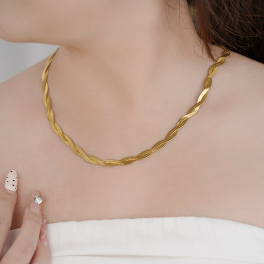 Twisted double layered Herringbone Chain Necklace 18 inch with 2 inch extender in Yellow Gold IP 316 Surgical Stainless Steel