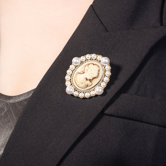 Victorian Style Vintage Golden Cameo Brooch Pin  and Necklace Jewelry With Pearl and Crystals and Surgical Steel Chain 20 inch