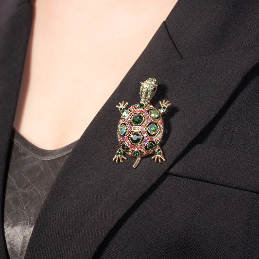 Turtle Brooch Pin and Necklace Jewelry with Green Crystals and Surgical Steel Chain 20 inch