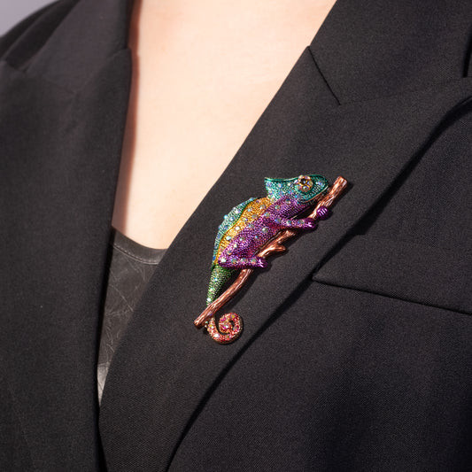 Chameleon Enameled Brooch Pin Jewelry with Crystal