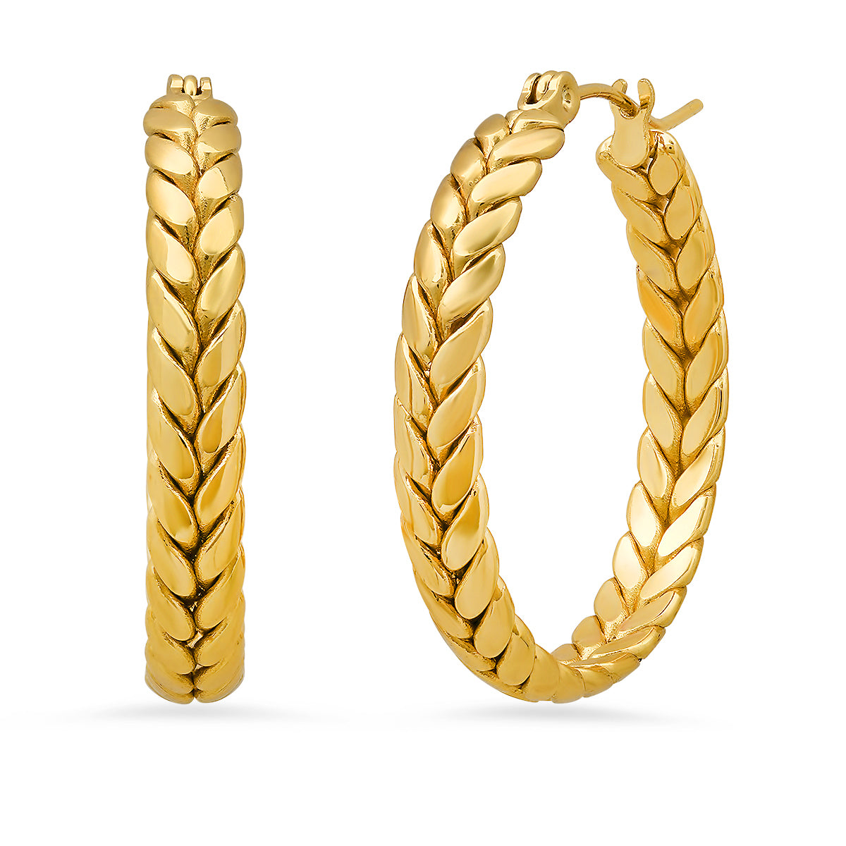 WATER RESISTANT Stainless Steel 18K Gold IP Wheat Hoop Earrings