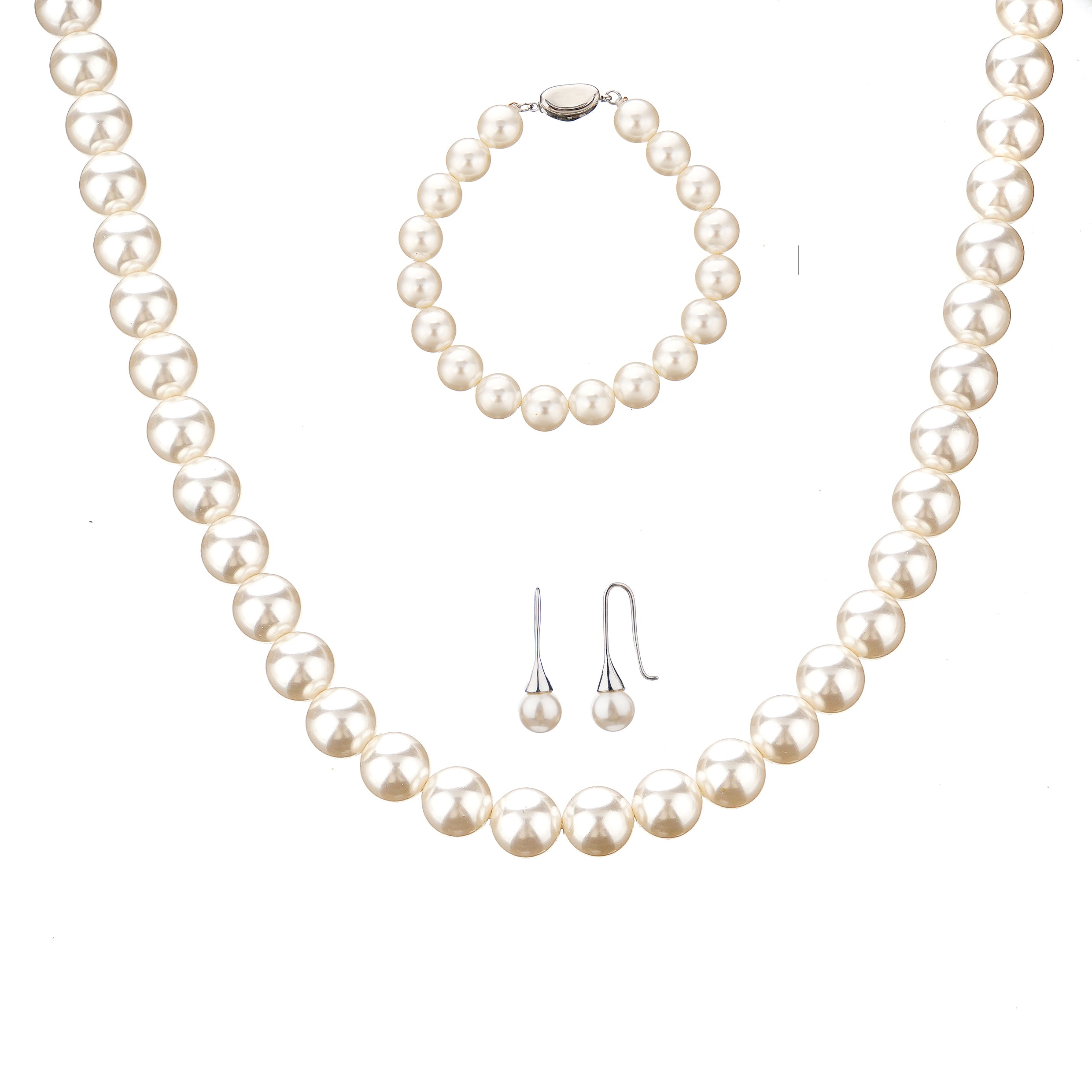 Classic 10mm Round White Shell Pearl Set Necklace 18inch, Bracelet 7inch and Earrings with Steel Lock