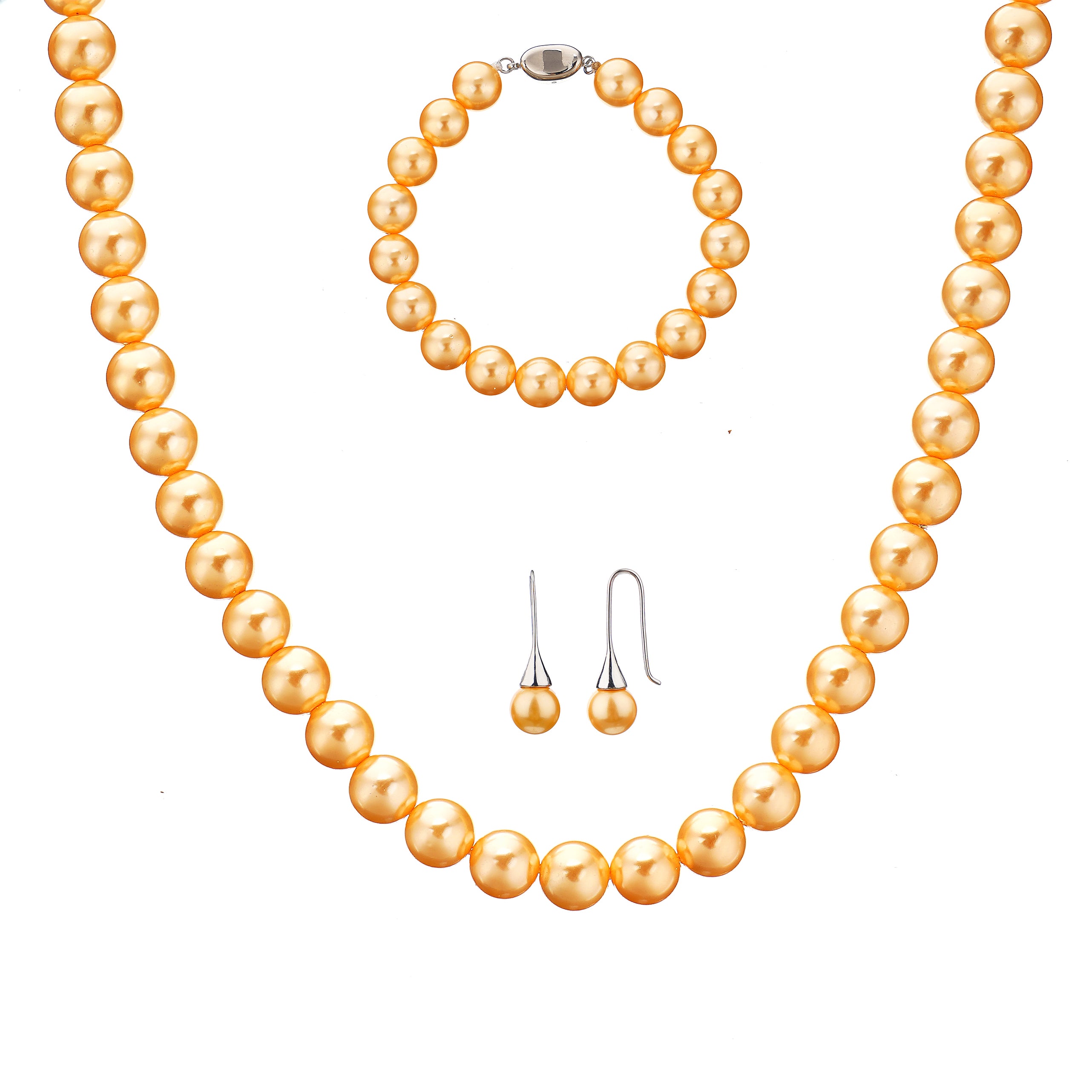 Classic 10mm Round Golden Shell Pearl Set Necklace 18inch, Bracelet 7inch and Earrings with Steel Lock
