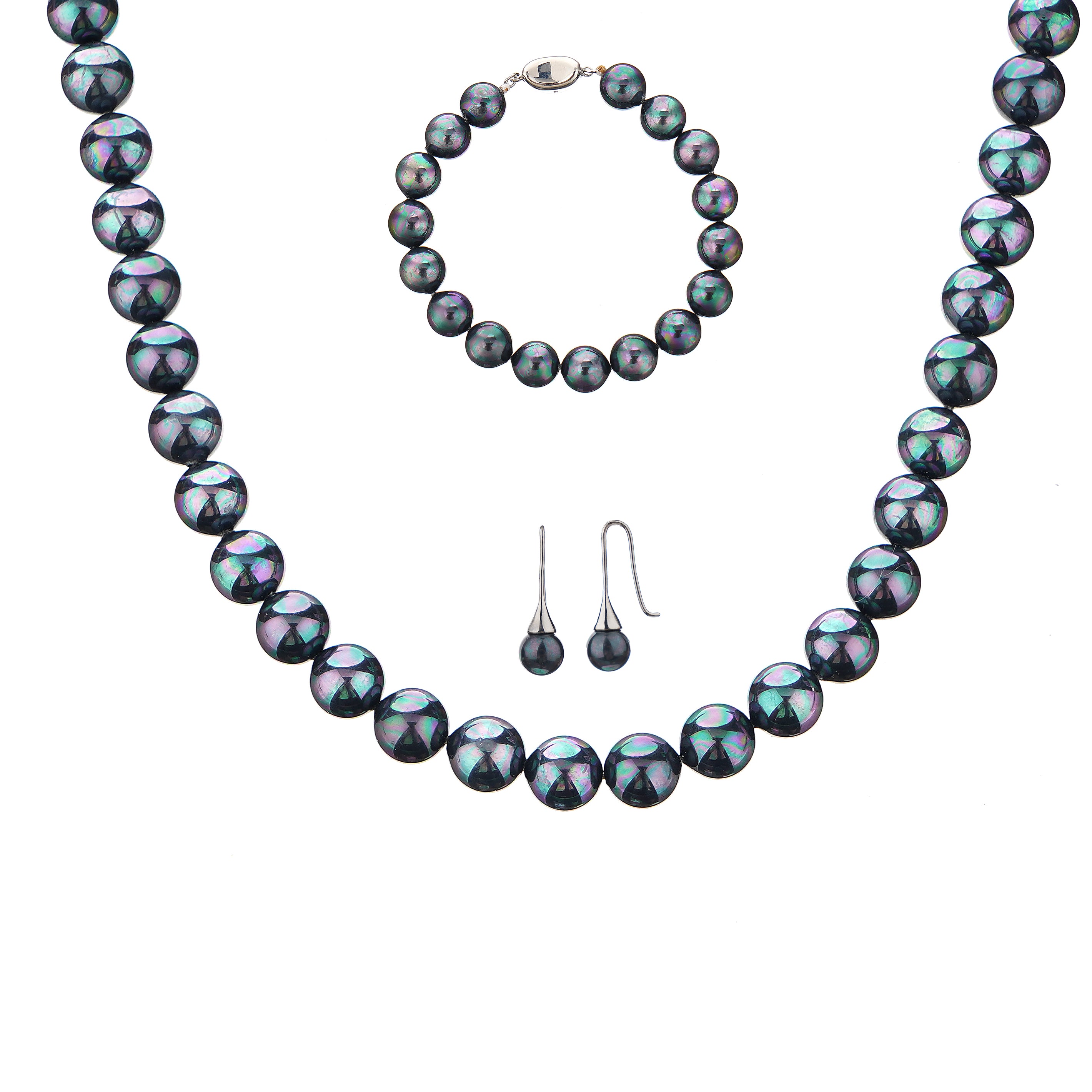 Classic 10mm Round Peacock Shell Pearl Set Necklace 18inch, Bracelet 7inch and Earrings with Steel Lock