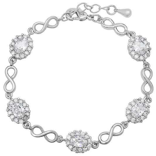 White Gold Plated brass Halo design Cubic Zirconia Infinity Link Tennis Bracelet 7 inch with 1.5 inch extender