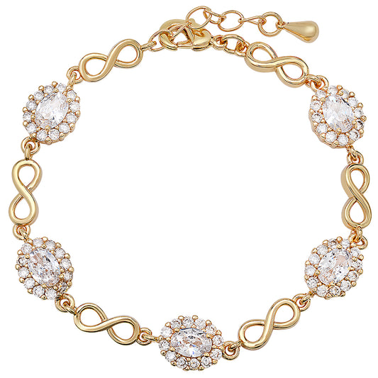 Gold Plated brass Halo design Cubic Zirconia Infinity Link Tennis Bracelet 7 inch with 1.5 inch extender