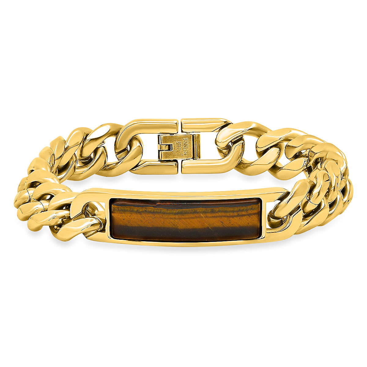 ROBUST Mens 18k Gold IP Stainless Steel Cuban chain and Tiger Eye ID bracelet