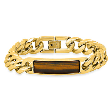 ROBUST Mens 18k Gold IP Stainless Steel Cuban chain and Tiger Eye ID bracelet