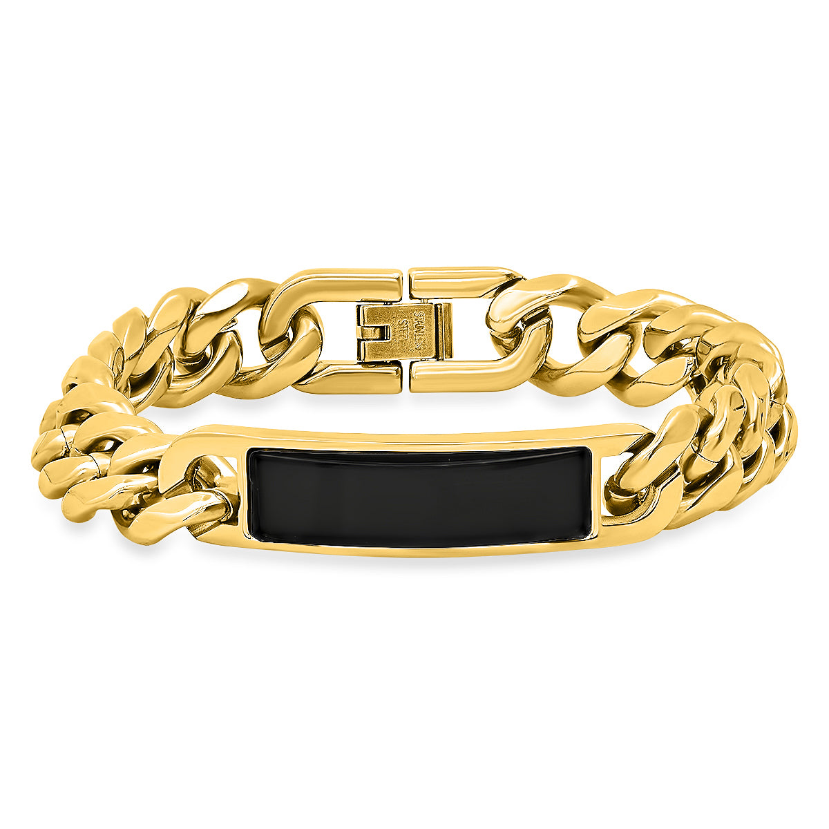 ROBUST Mens 18k GOLD IP Stainless Steel Cuban chain and Black Onyx ID bracelet