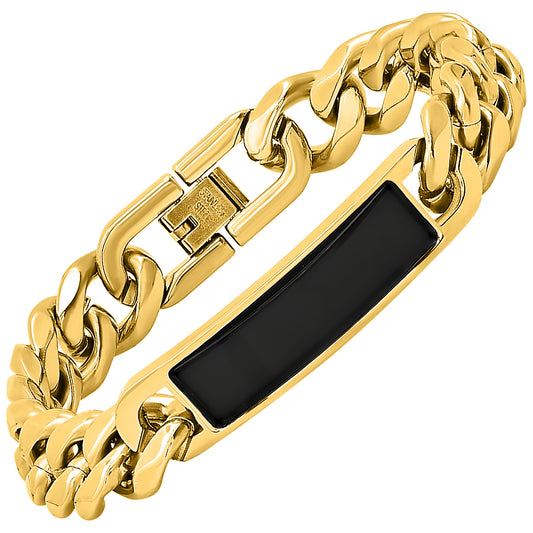 ROBUST Mens 18k GOLD IP Stainless Steel Cuban chain and Black Onyx ID bracelet