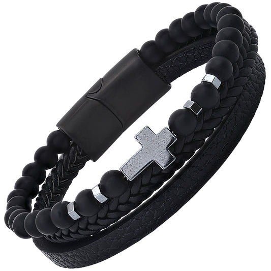 ROBUST Men's Layered Black Leather Black Lava Beads Hematite Cross Bracelet Black Ion Plated Stainless Steel Magnetic Clasp 8 inch