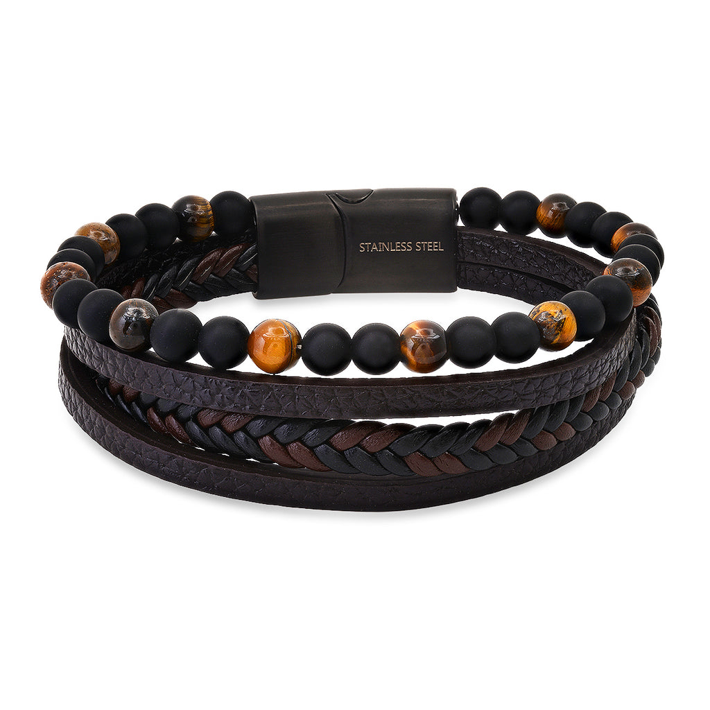 A men's braided leather bracelet with black lava and tiger eye beads, featuring a black magnetic clasp.