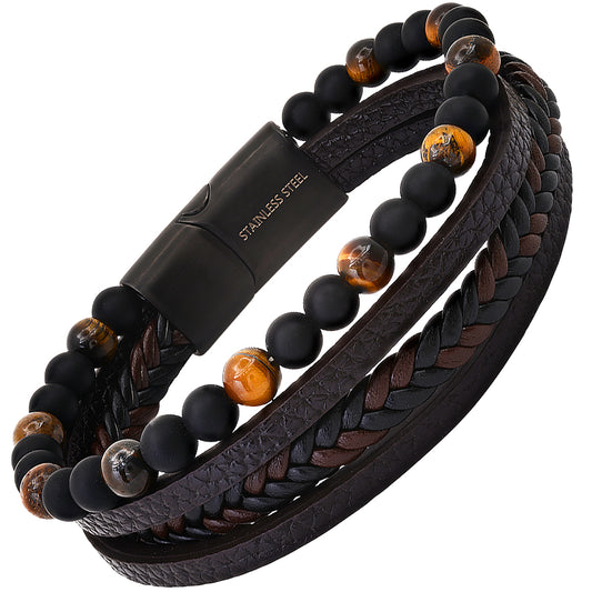 ROBUST Men's Braided Leather Black Lava Tiger Eye Beads Black IP Stainless Steel Magnetic Clasp Layered Bracelet