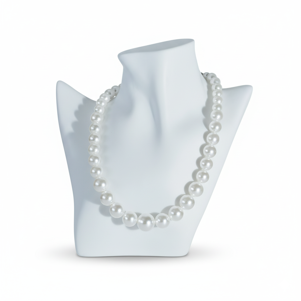 18 inch necklace with 10mm round white shell pearls and stainless steel lock