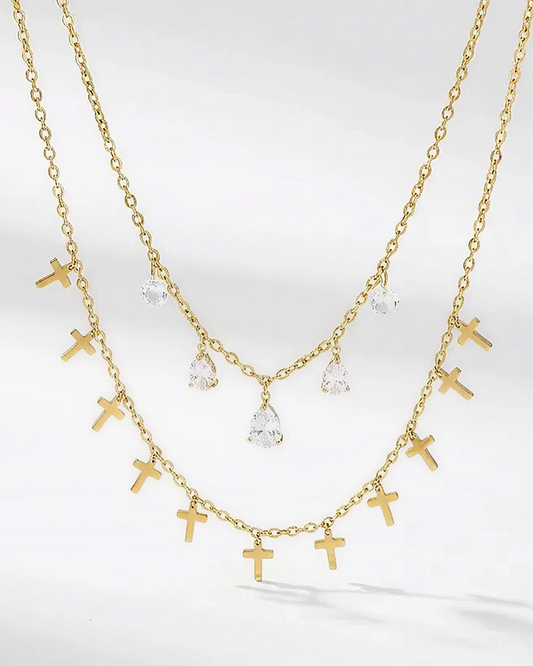 Cross Charm Layered Necklace with Diamond Simulated in Stainless Steel in IP Yellow Gold 18"+2" extender- Stars and Vogue