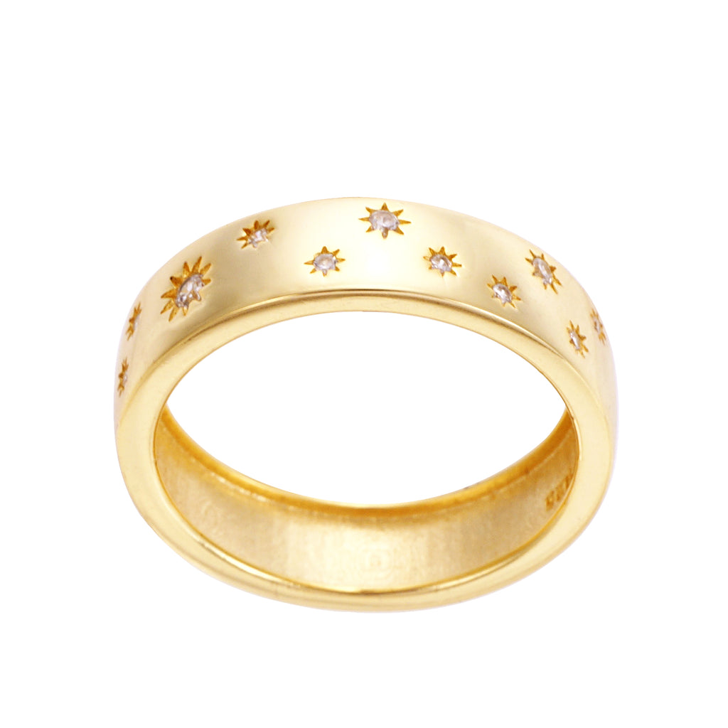 18k yellow gold over 925 sterling silver celestial band ring with star-set CZ stones.