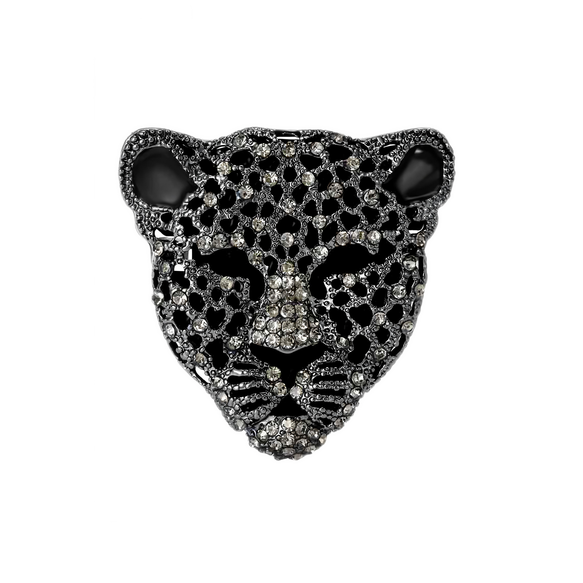 Black and silver panther head hair clip on a white background