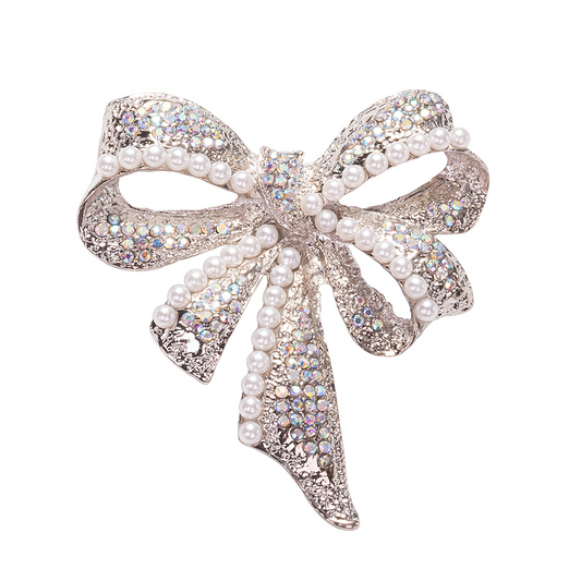 2-in-1 bow brooch and pendant necklace with pearl and crystals.