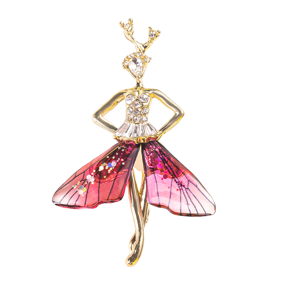 Dancing Fairy  Brooch Pin Jewelry with Crystals in Yellow Gold over Brass