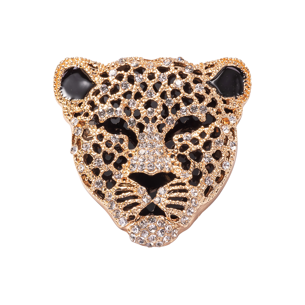 Leopard Face Brooch Pin Jewelry with crystals in yellow gold over brass