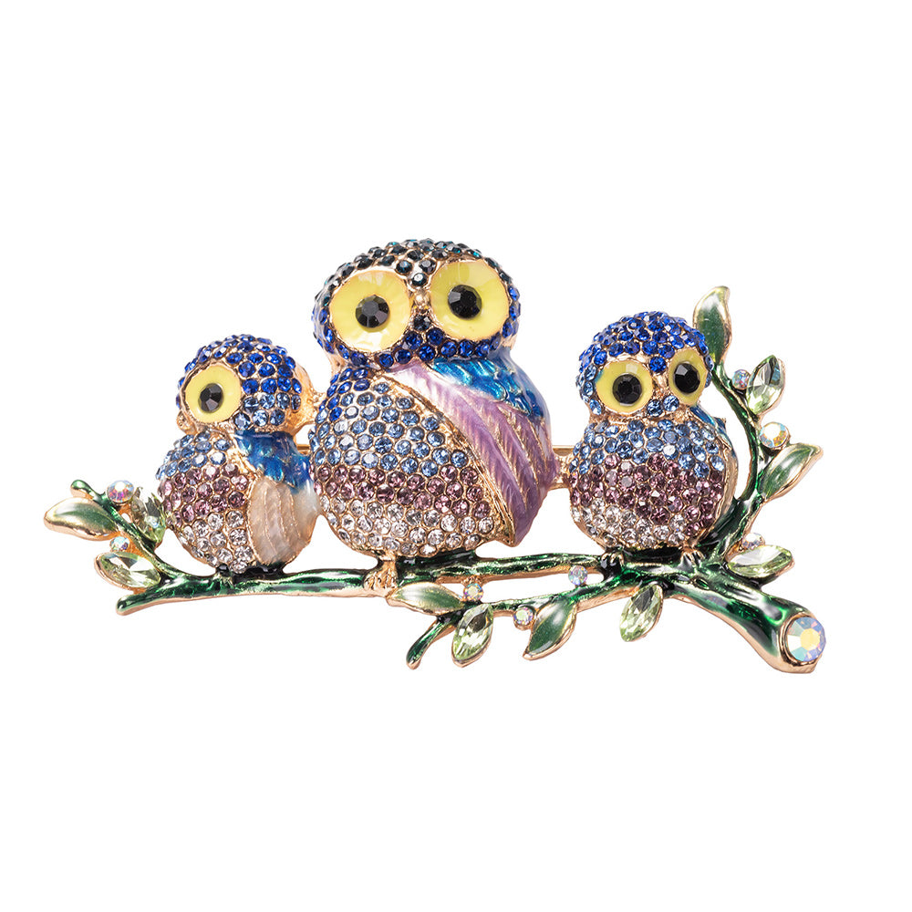Happy Owl Family Brooch Pin Enameled Jewelry