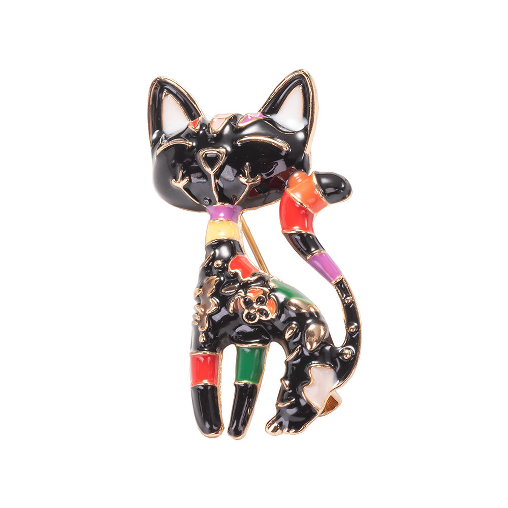 Vintage Enameled Cat Brooch Pin and Pendant Necklace with Steel Chain