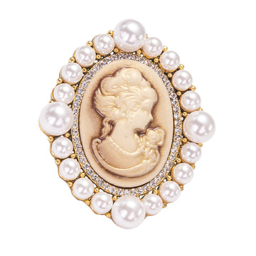 Victorian Style Vintage Golden Cameo Brooch Pin  and Necklace Jewelry With Pearl and Crystals and Surgical Steel Chain 20 inch-Stars and Vogue