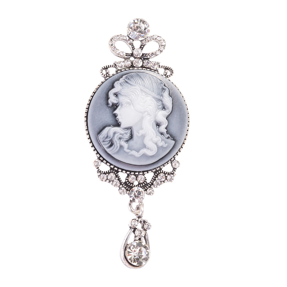 Victorian Style Vintage Grey Cameo Brooch Pin Jewelry With Crystal in Brass