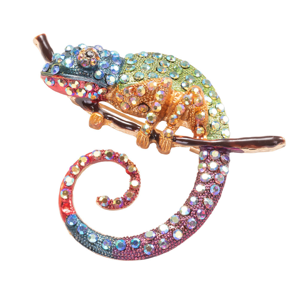 Chameleons Brooch Pin and Necklace Jewelry with Crystals and Surgical Steel Chain 20 inch