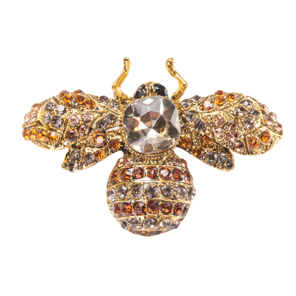 Bee Brooch Pin Jewelry with Chamapagne Crystal in Yellow Gold Over Brass with 22 inch Steel Chain