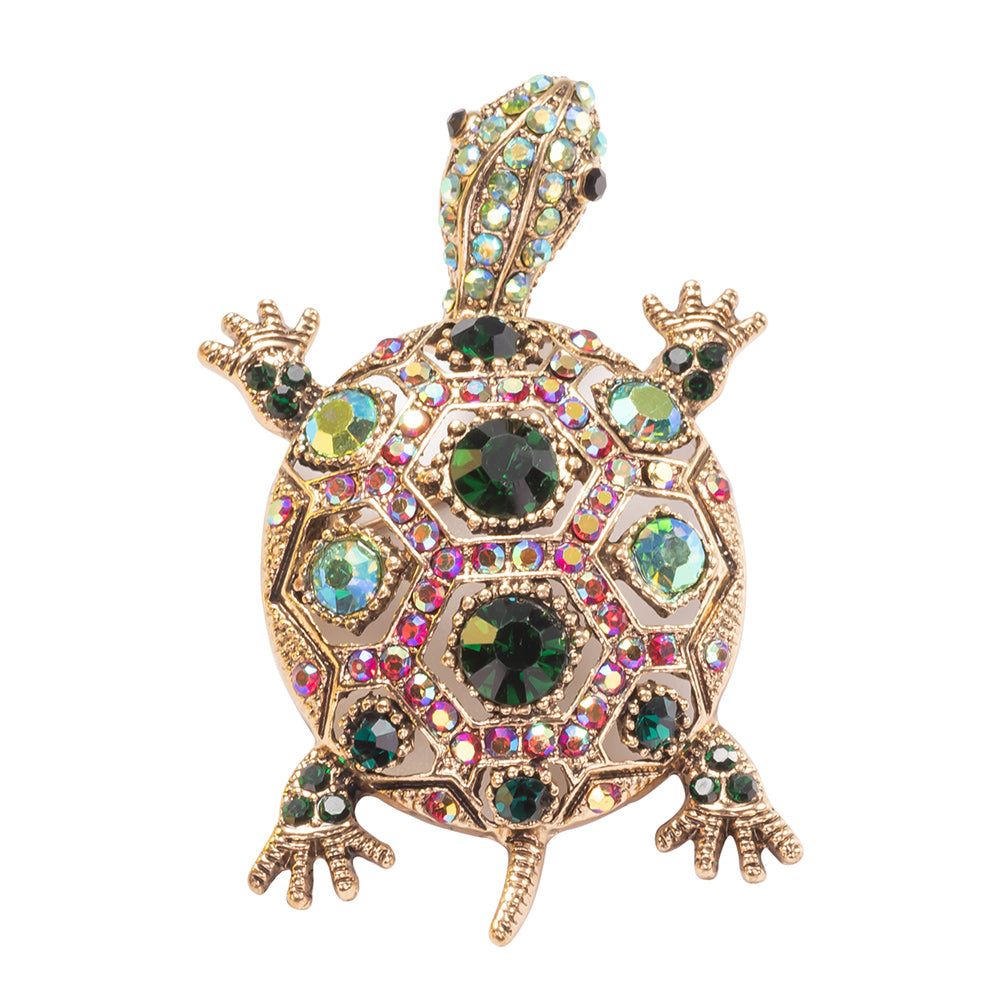 Turtle Brooch Pin and Necklace Jewelry with Green Crystals and Surgical Steel Chain 20 inch