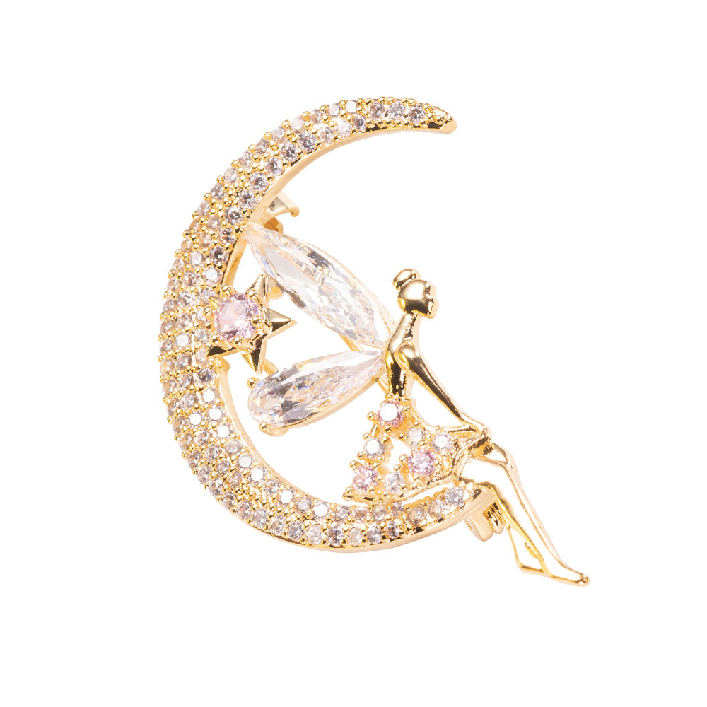 Fairy Moon Magic Brooch Pin CZ Jewelry with Yellow Gold Over Brass