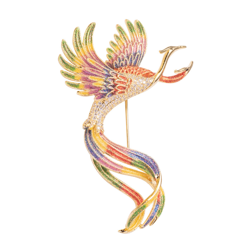 Phoenix Brooch Pin Jewelry with CZ and Enamel and Pendant Necklace with 22 inch Steel Chain