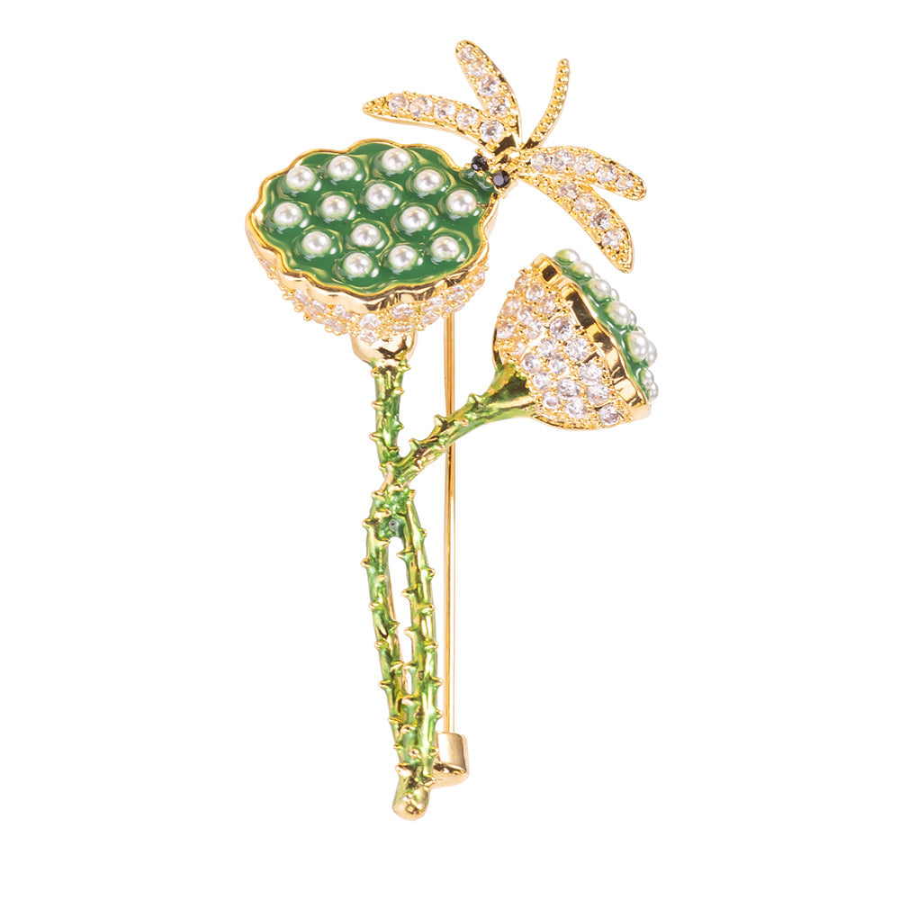 Lotus Seed and Dragonfly Brooch Pin Jewelry with CZ
