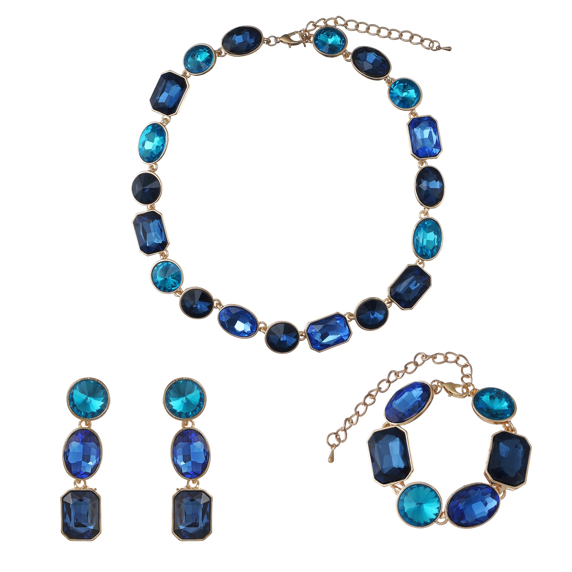 Art Deco Jewelry Set with Multi Color Blue Crystals in Yellow Gold Brass with 16.5"+2"extender-Stars and Vogue