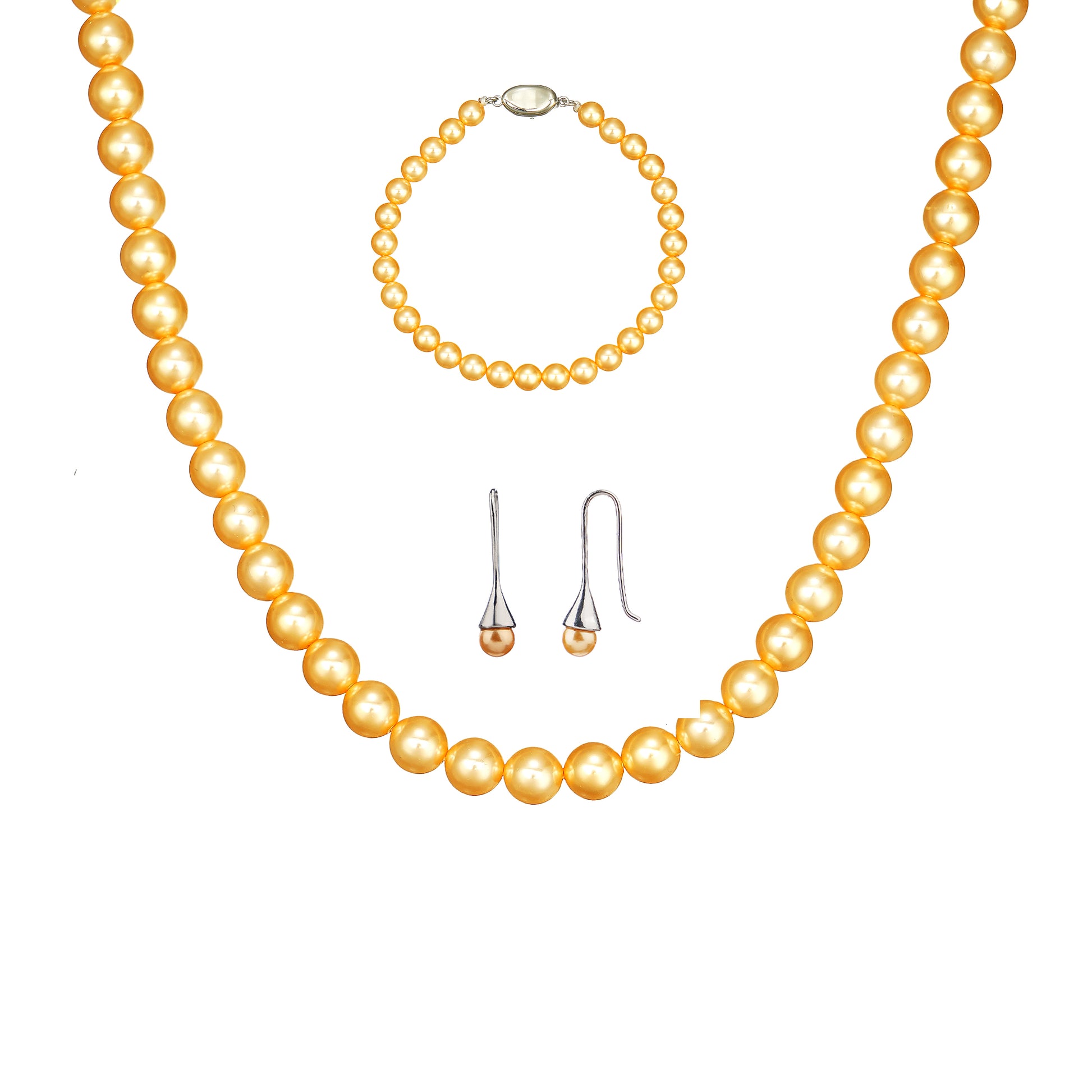 3-piece golden shell pearl jewelry set featuring 6mm round necklace, bracelet, and stud earrings