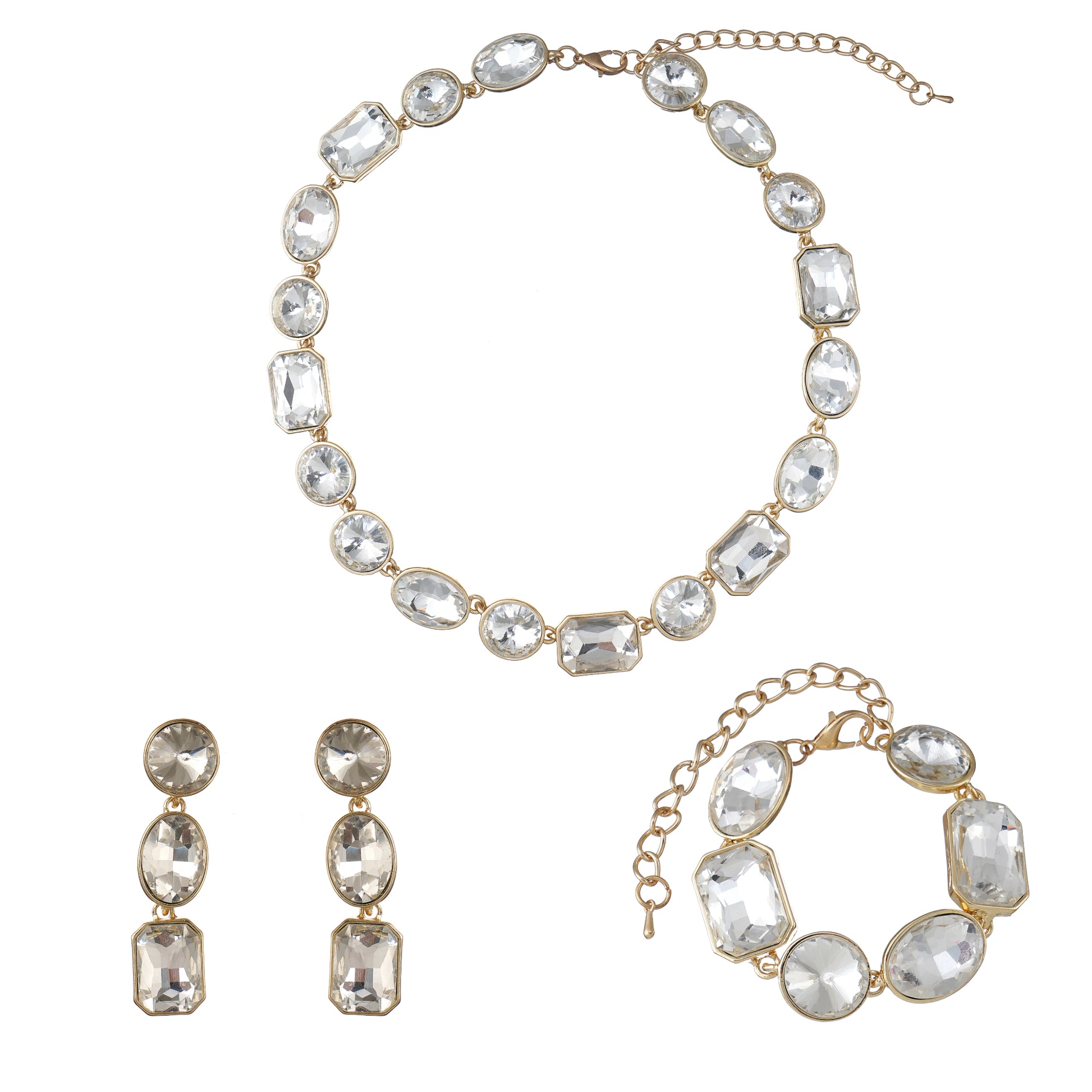 Art Deco Jewelry Set with White Crystals in Yellow Gold Brass-Stars and Vogue