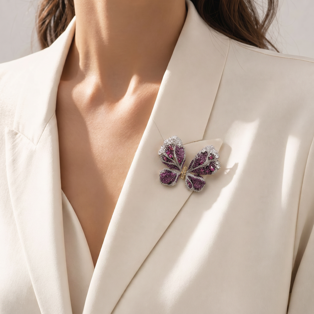 Luxury Butterfly Brooch with Full Pave CZ — Statement Lapel Pin for Women | Emerald, Sapphire & Ruby