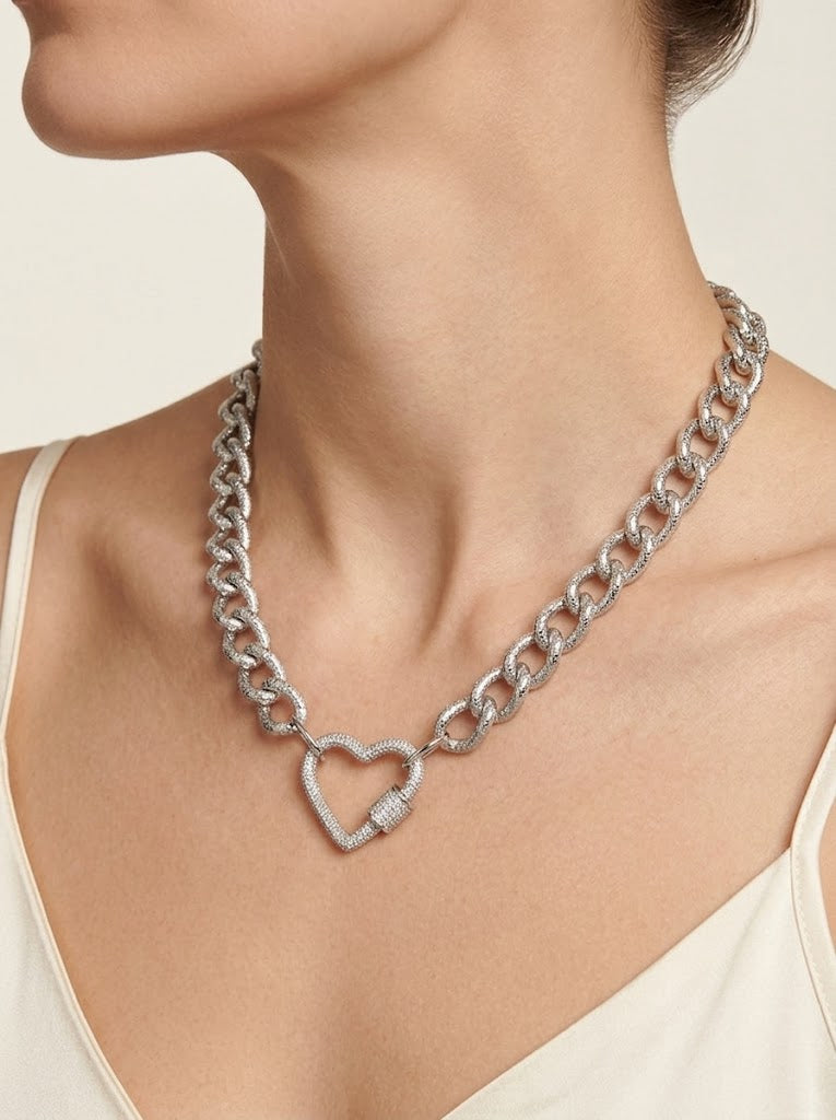 Diamond Pave Heart Carabiner Charm Necklace -silver