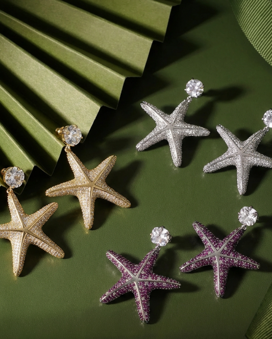 Statement Starfish earring with Pave Simulated Diamond in Yellow Gold Over Brass with Silver Findings 2.15"