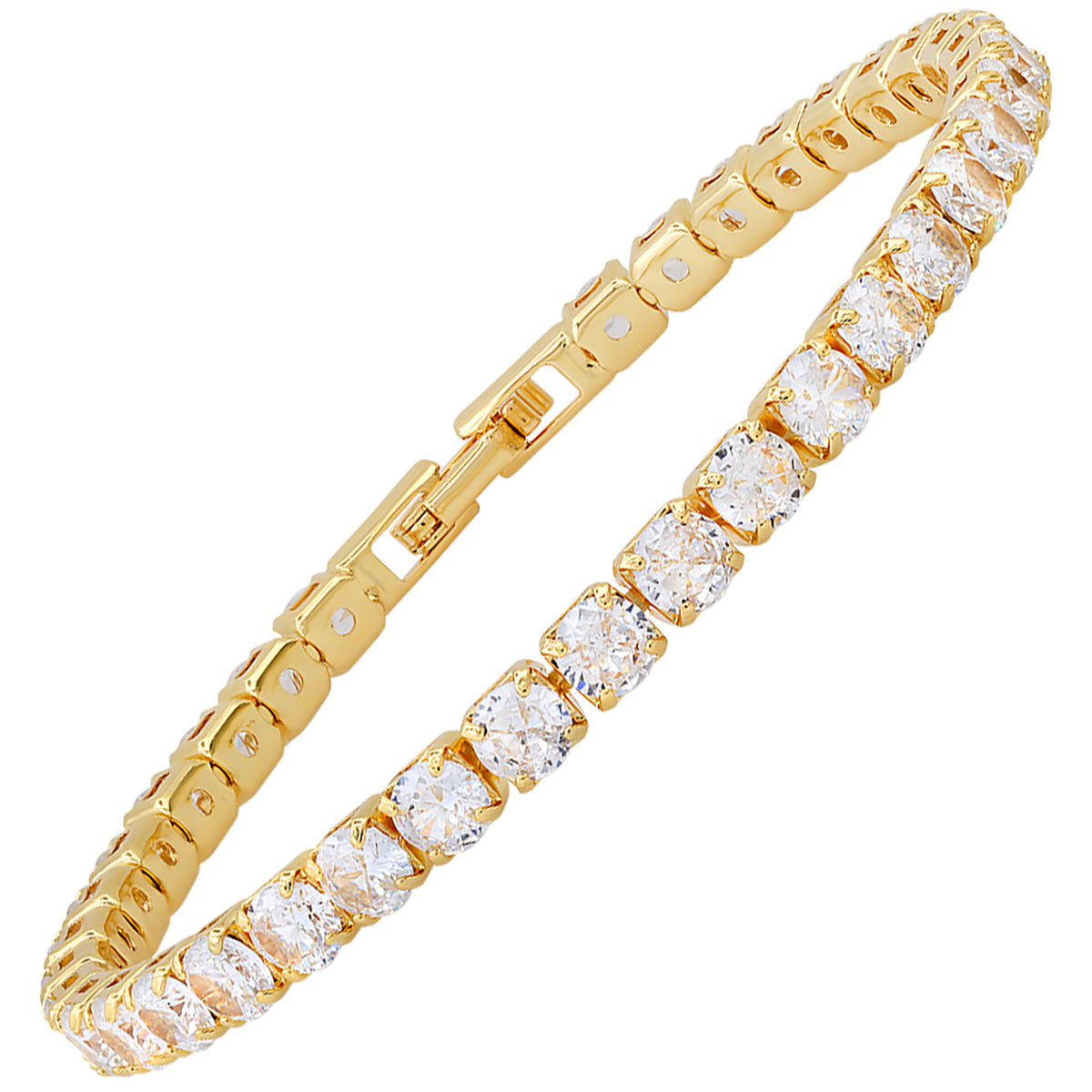 An 18k yellow gold plated brass cubic zirconia tennis bracelet for women, featuring a series of sparkling stones in a classic tennis design.