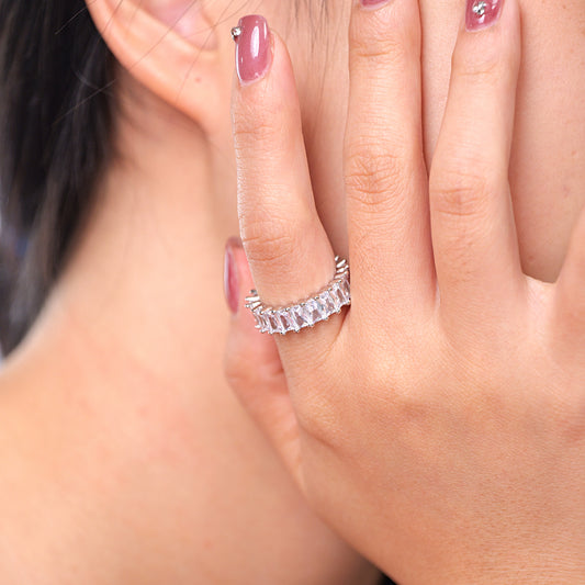 Eternity Band Ring in Sterling Silver and Sparkling Octagon Simulated Diamond CZ