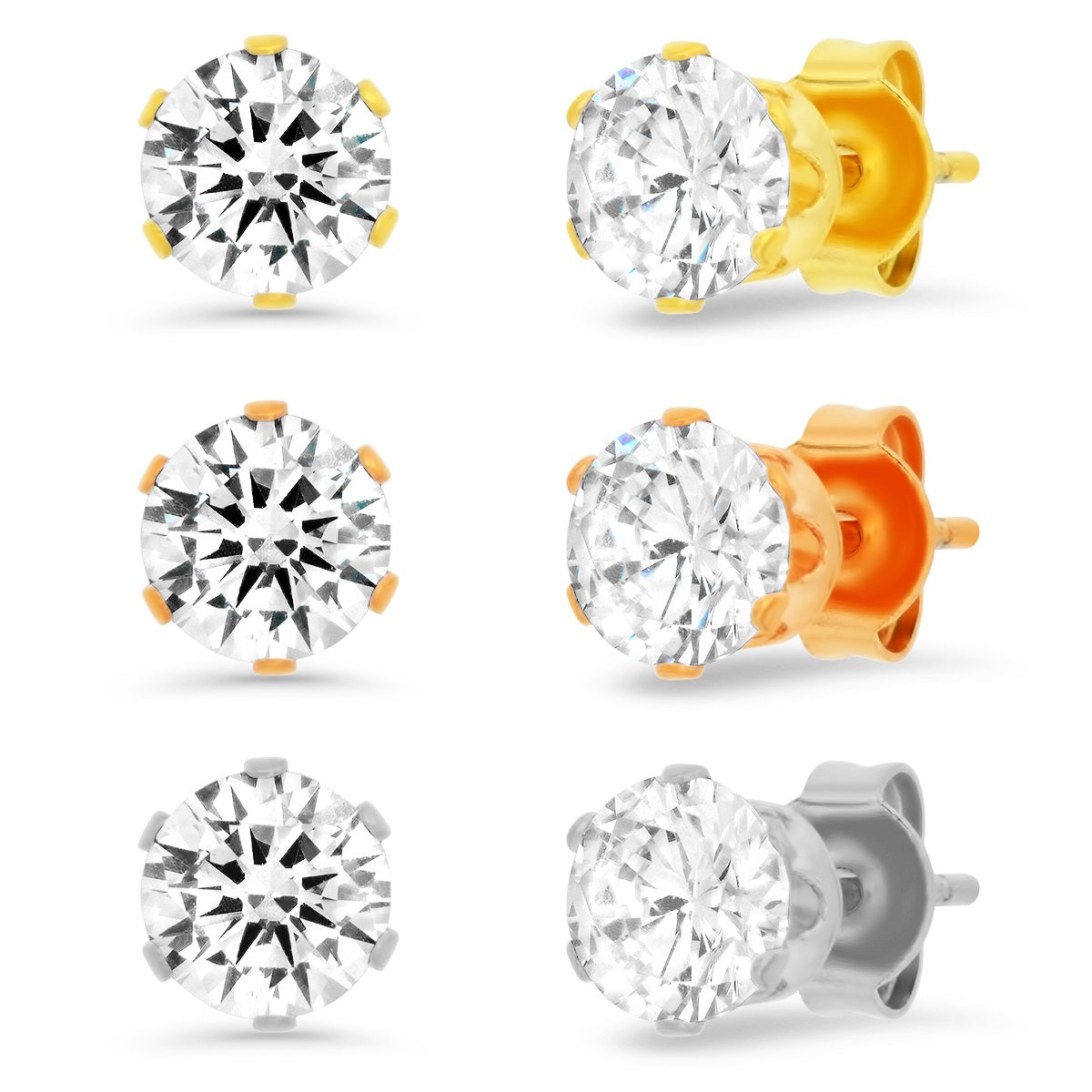 Stainless Steel Set of 3 18K Gold and Rose Gold IP Plated Cubic Zirconia Stud Earrings