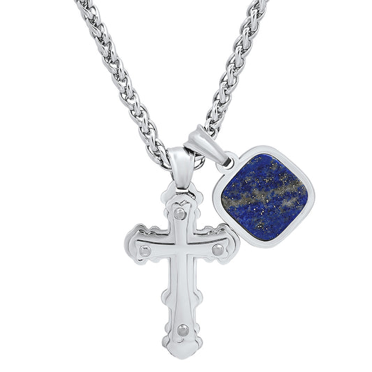 ROBUST Mens Stainless Steel Cushion Lapis Tag and Cross Pendant with 20 inch Round Wheat Chain