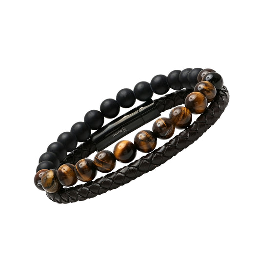 ROBUST Men's Set of 2 Brown Leather Braided Bracelet And Black Lava And Tiger Eye Beaded Bracelet 8 inch