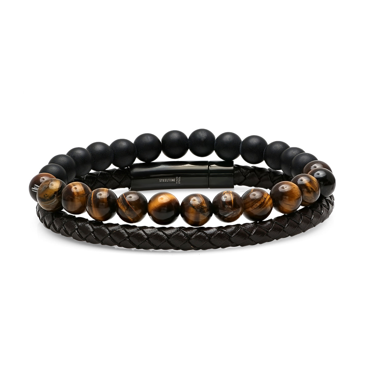 ROBUST Men's Set of 2 Brown Leather Braided Bracelet And Black Lava And Tiger Eye Beaded Bracelet 8 inch